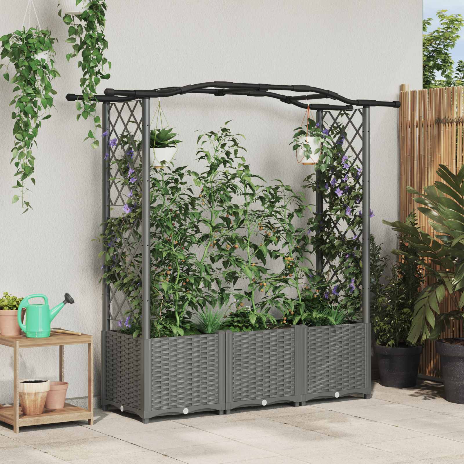 Verhoogd Bed met Trellis en Dak Lichtgrijs 164 x 40 x 138 cm PP