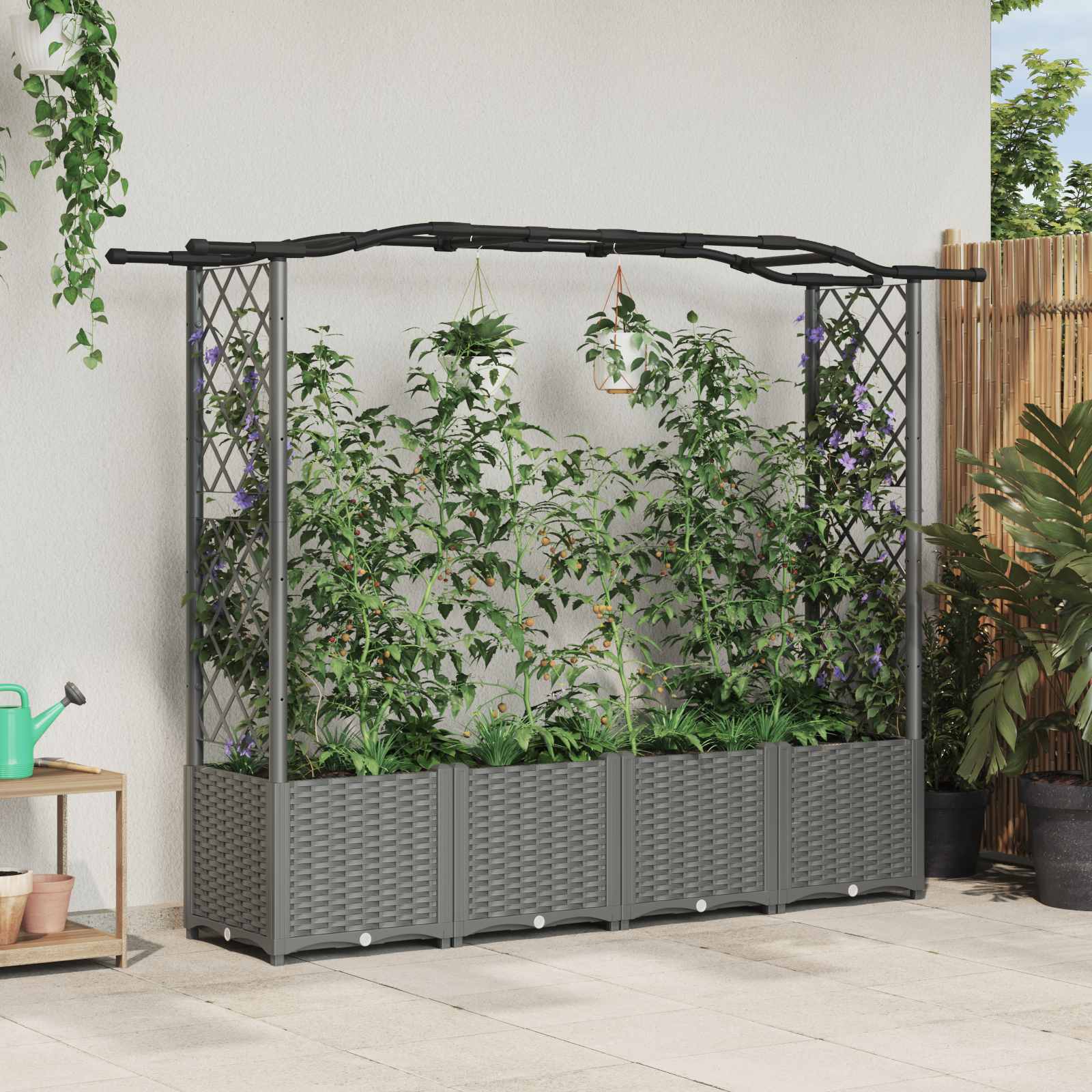 Verhoogd Bed met Trellis en Dak Lichtgrijs 204 x 40 x 138 cm PP