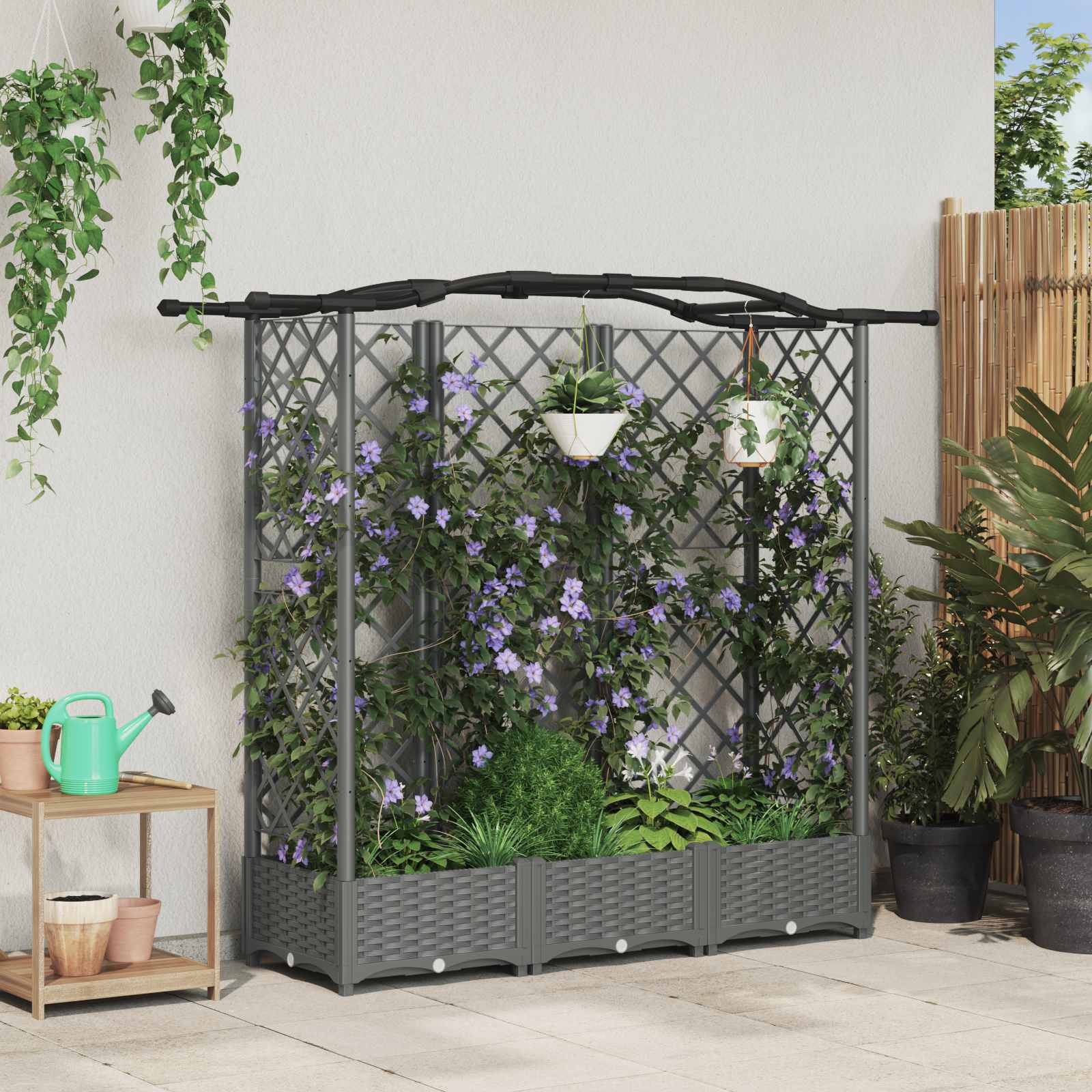 Verhoogd Bed met Trellis en Dak Lichtgrijs 163 x 40 x 126 cm PP
