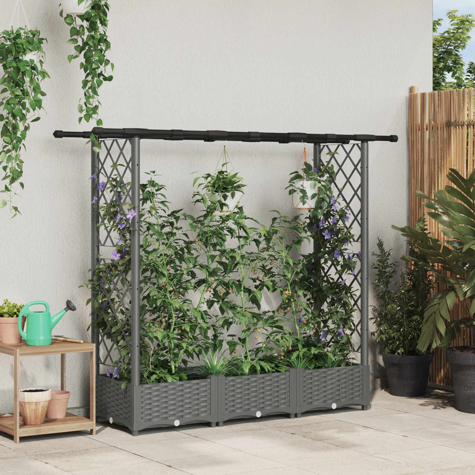 Verhoogd Bed met Trellis en Dak Lichtgrijs 164 x 40 x 121 cm PP – afbeelding 1
