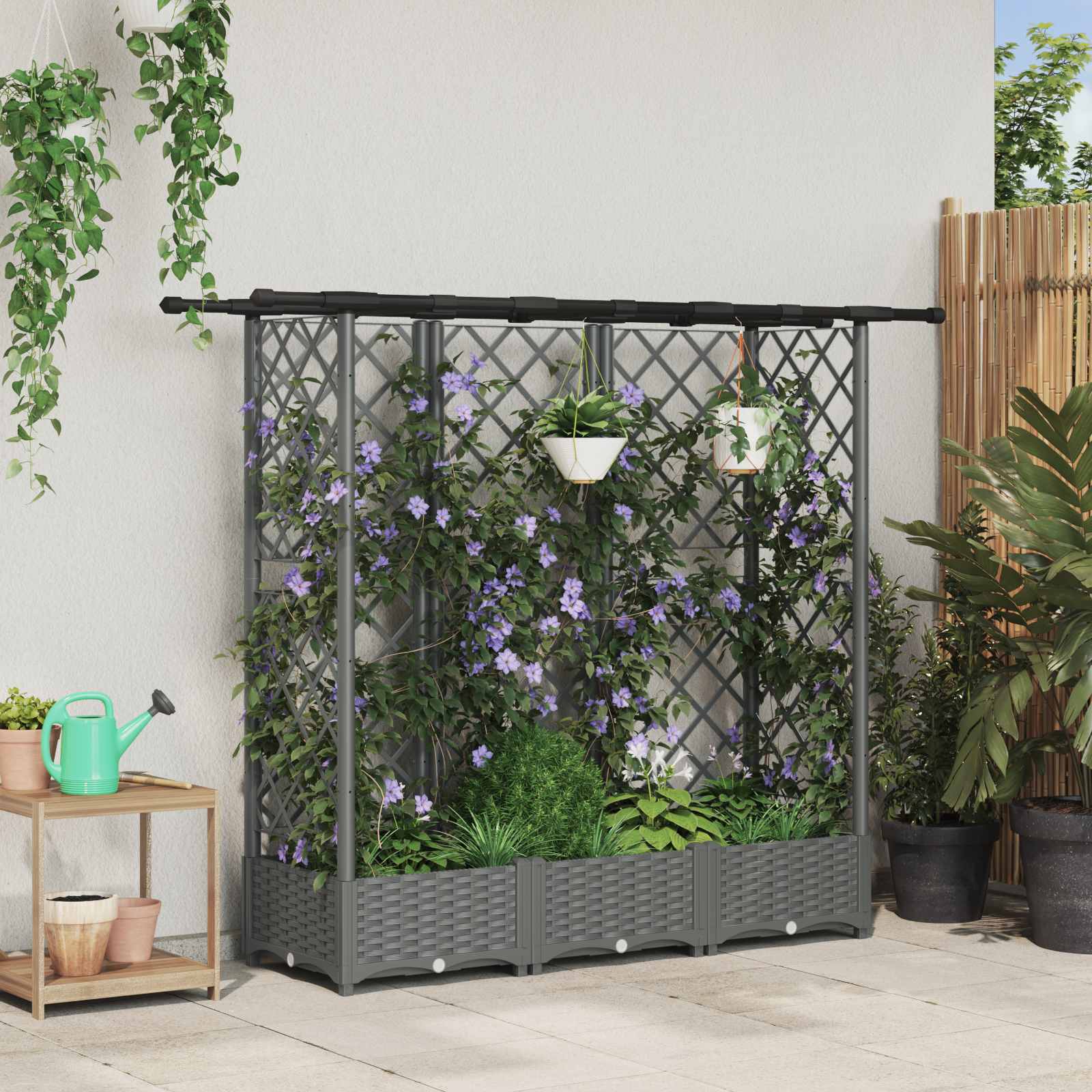 Verhoogd Bed met Trellis en Dak Lichtgrijs 164 x 40 x 121 cm PP – afbeelding 1