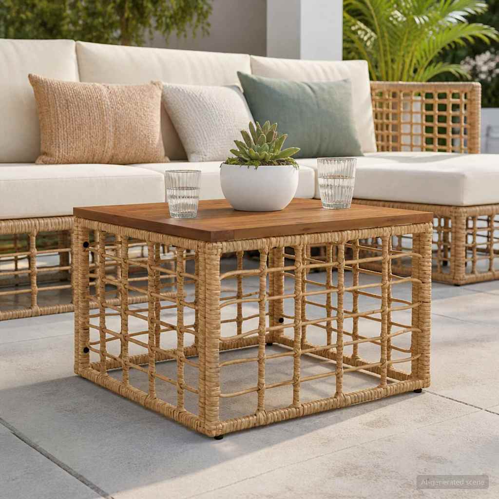 Tuinstafel Naturel 55 x 55 x 37 cm PE Rattan en Glas