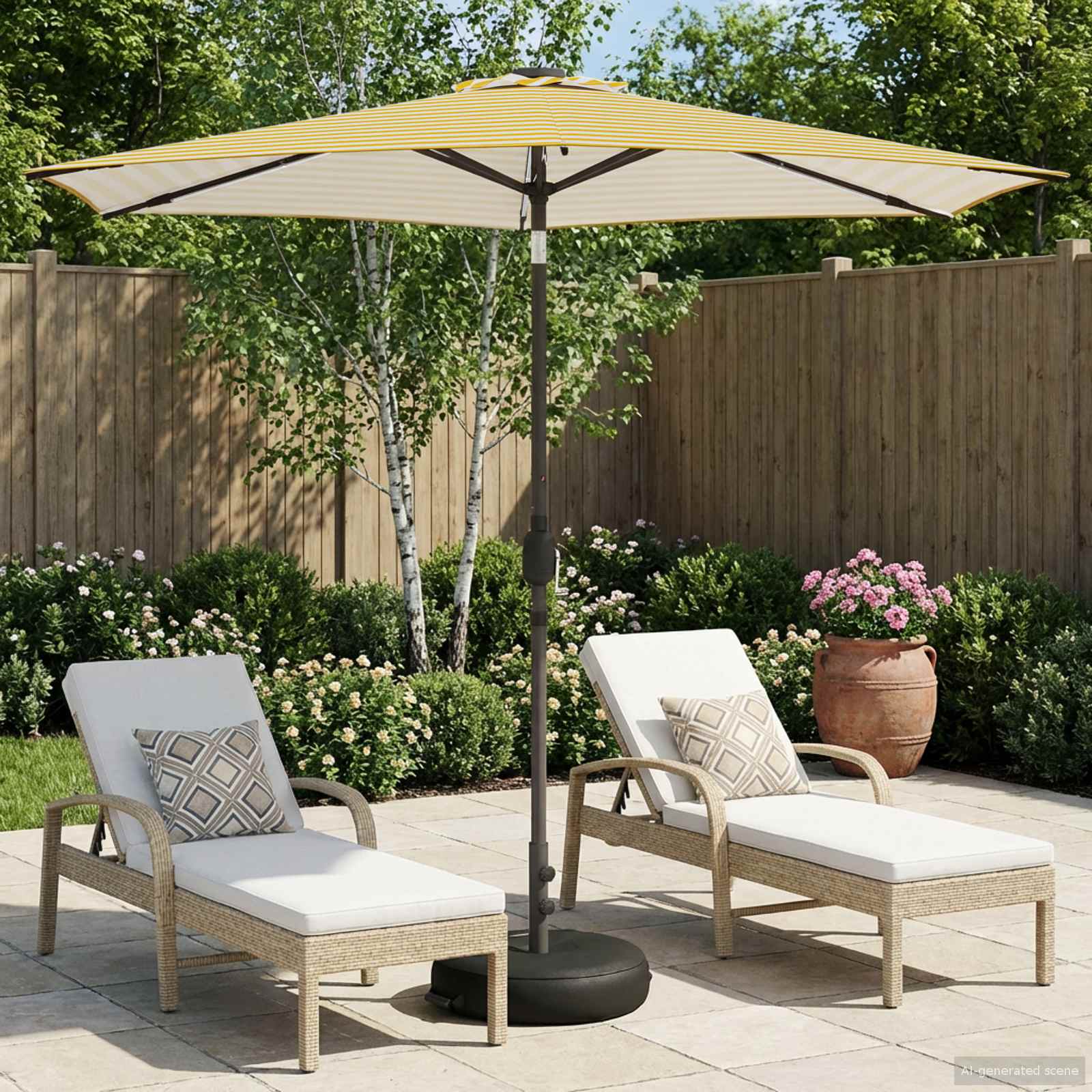 Tuinparasol met LED-lampen en voet 270 x 270 cm Polyester