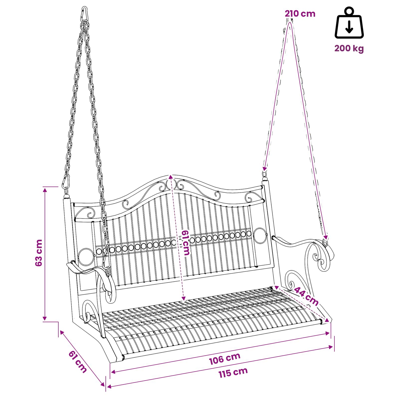 Schommelbank Staal 115 x 61 x 63 cm Antiek wit – afbeelding 7