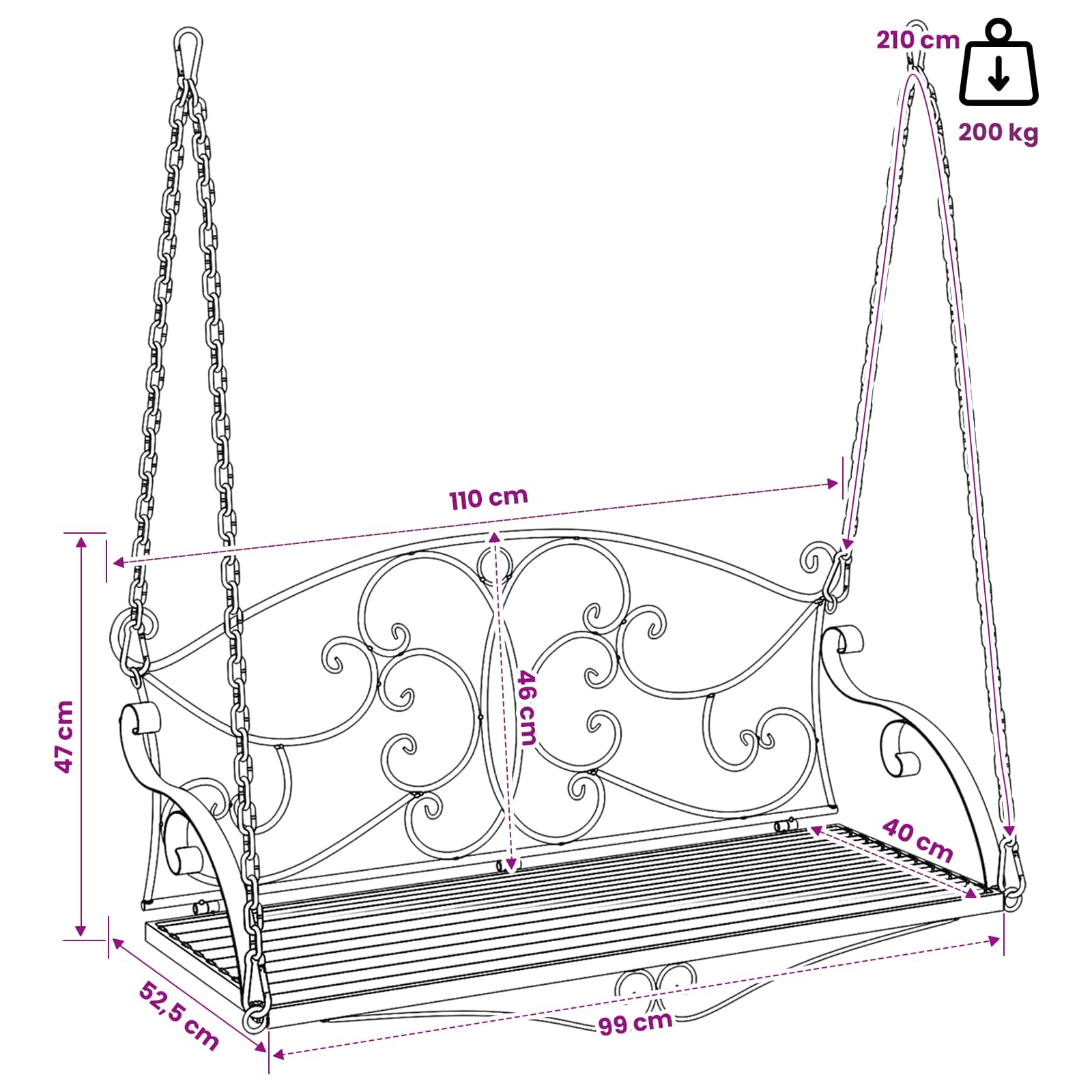 Schommelbank Staal 110 x 52,5 x 47 cm Antiek wit – afbeelding 7
