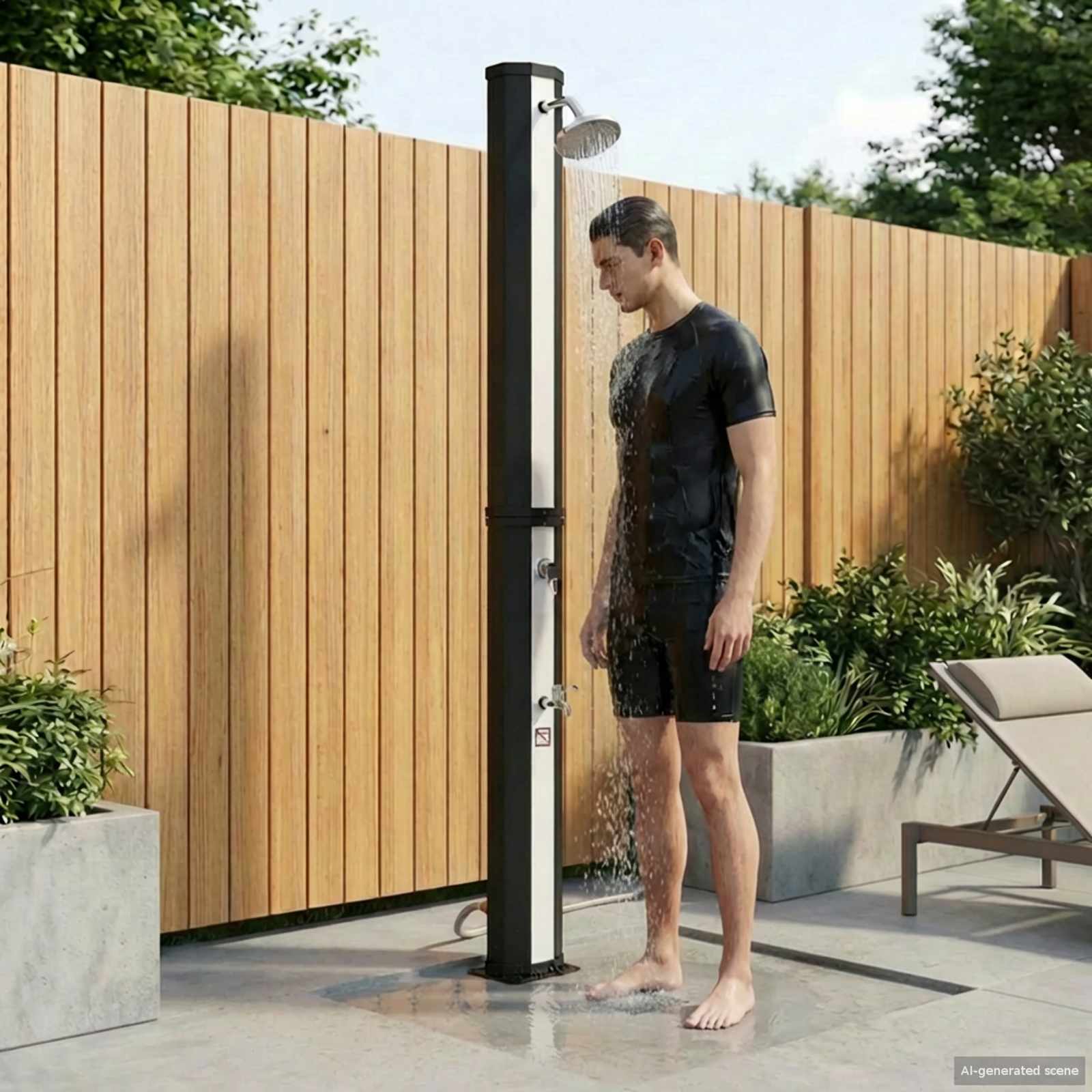 Zonnedouche met douchekop en kraan 40 L, zwart en zilver – afbeelding 1