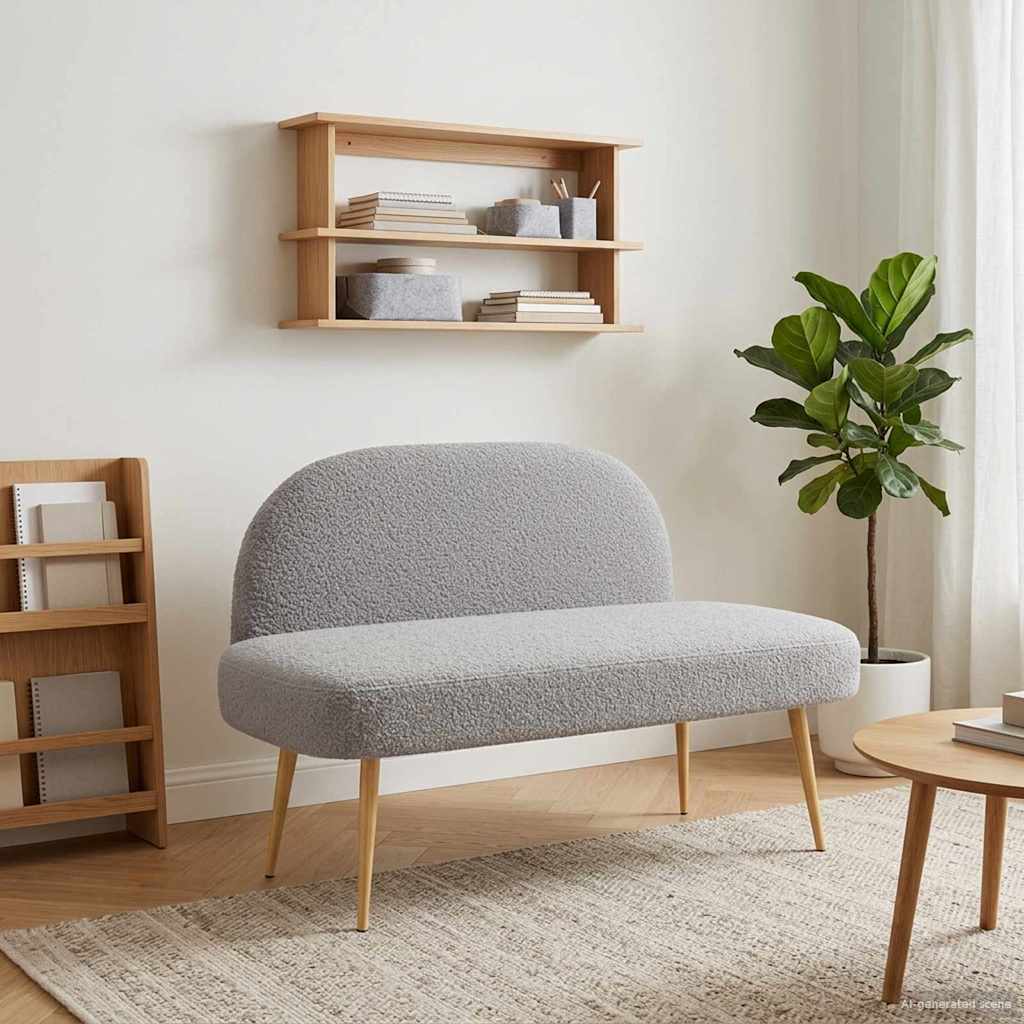 Beklede bank met rugleuning Lichtgrijs 110 x 60 x 76 cm Bouclé – afbeelding 1