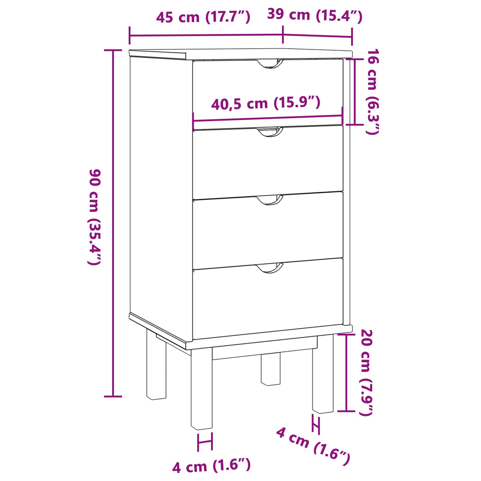Ladekast met lade OTTA Zwart 45 x 39 x 90 cm Massief grenenhout – afbeelding 6