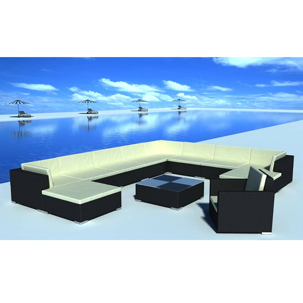 12-delige Loungeset met kussens poly rattan zwart – afbeelding 1