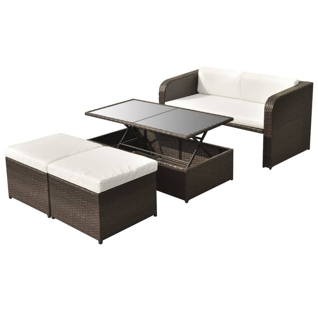4-delige Loungeset met kussens poly rattan bruin – afbeelding 1