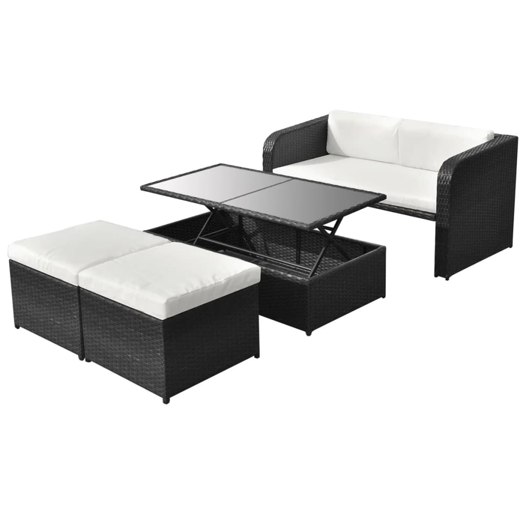 4-delige Loungeset met kussens poly rattan zwart – afbeelding 1