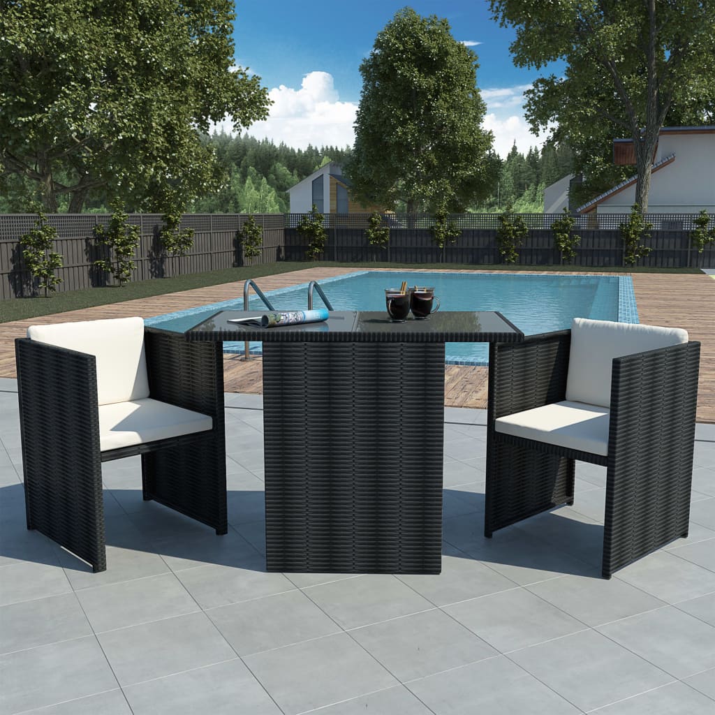 3-delige Bistroset met kussens poly rattan zwart – afbeelding 1