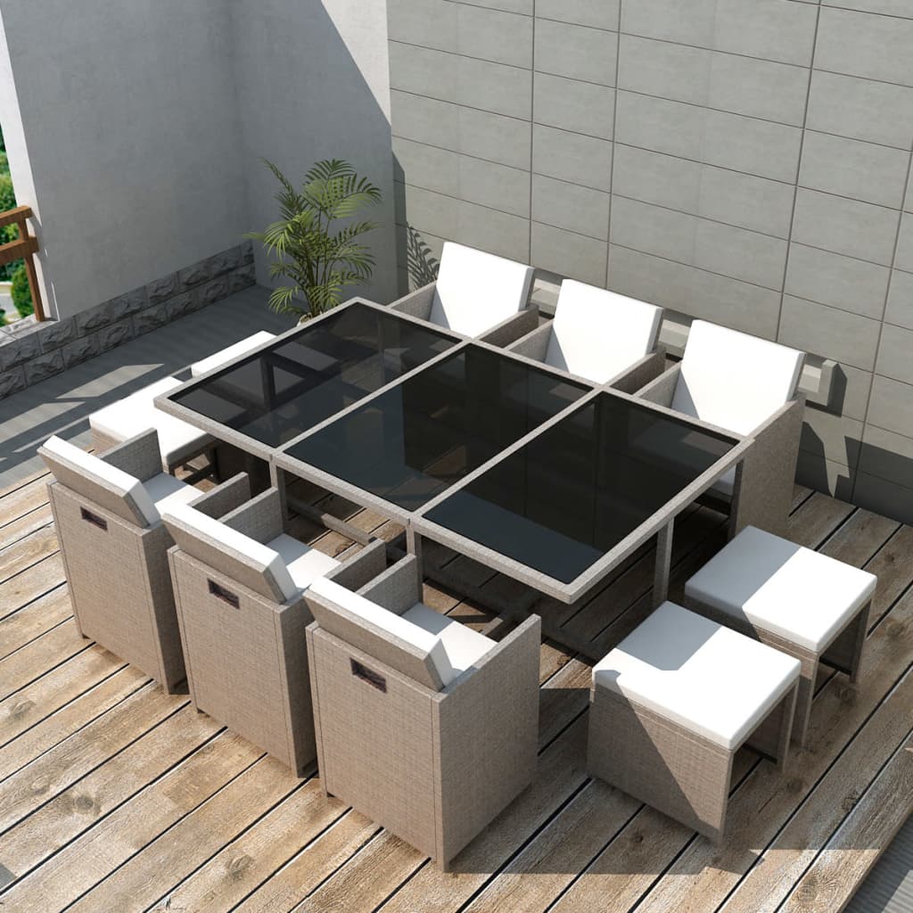 11-delige Tuinset met kussens poly rattan beige – afbeelding 1