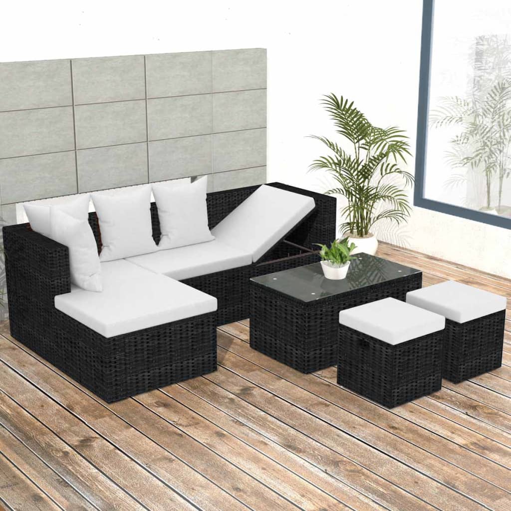 4-delige Loungeset met kussens poly rattan zwart – afbeelding 1