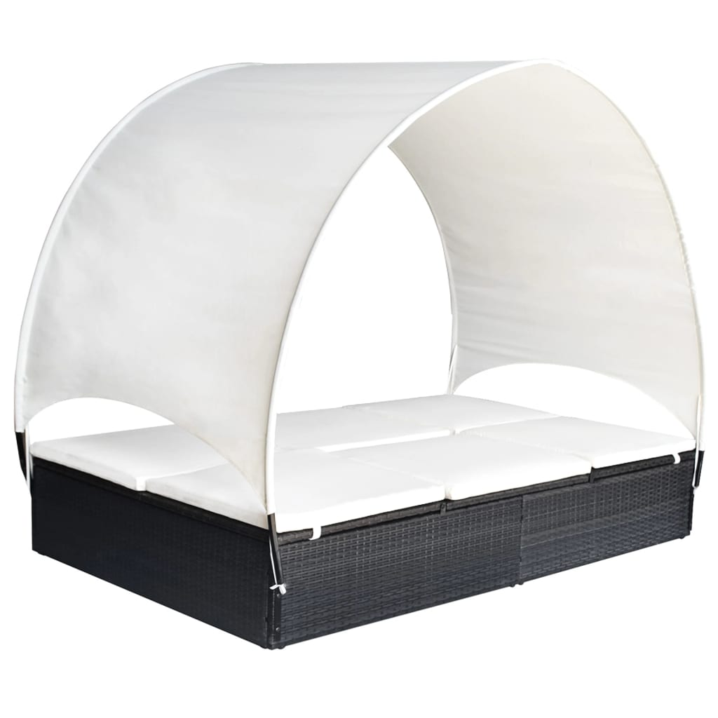 Ligbed tweepersoons met luifel poly rattan zwart