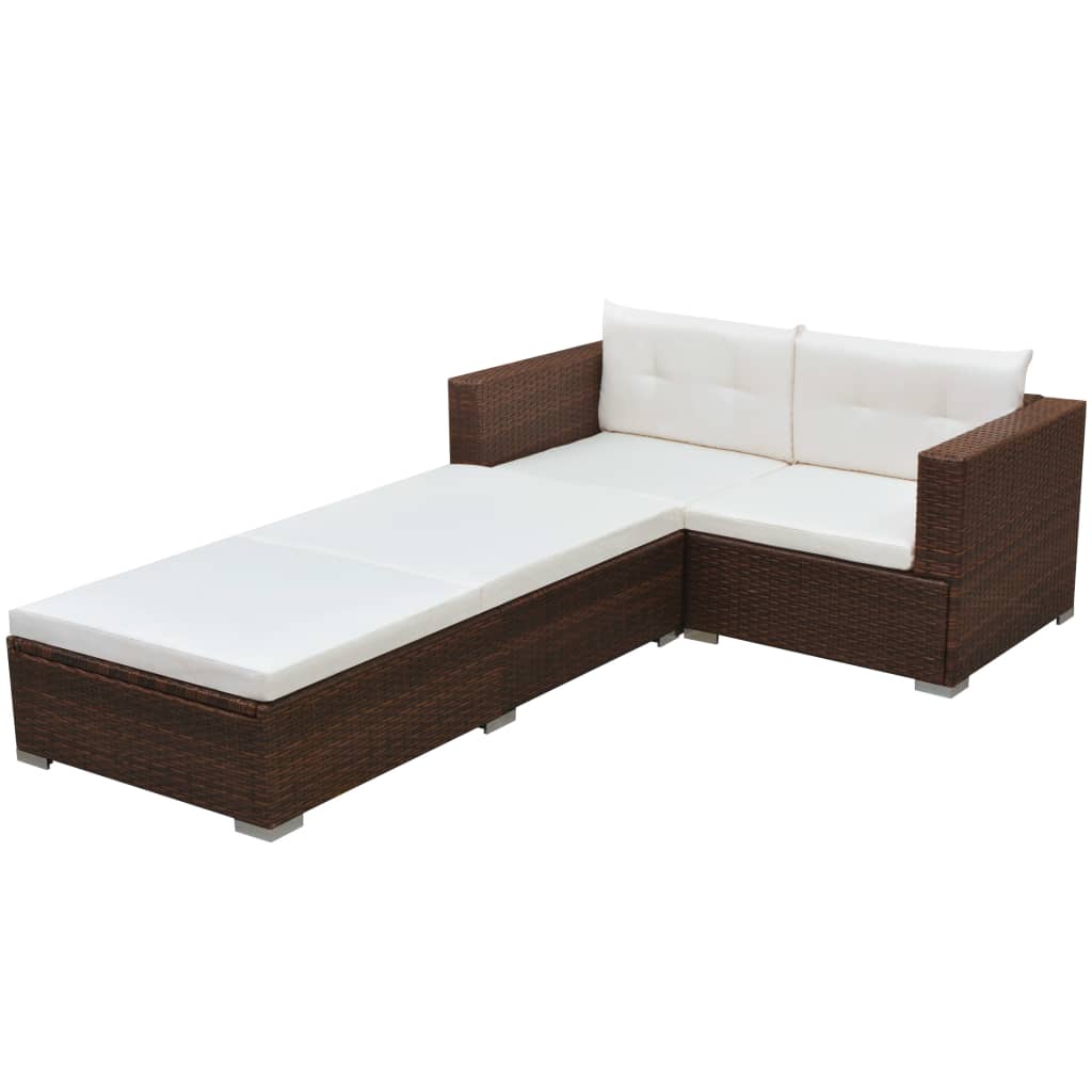 3-delige Loungeset met kussens poly rattan bruin – afbeelding 1