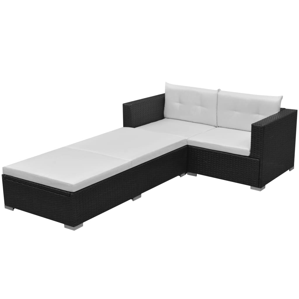3-delige Loungeset met kussens poly rattan zwart – afbeelding 1