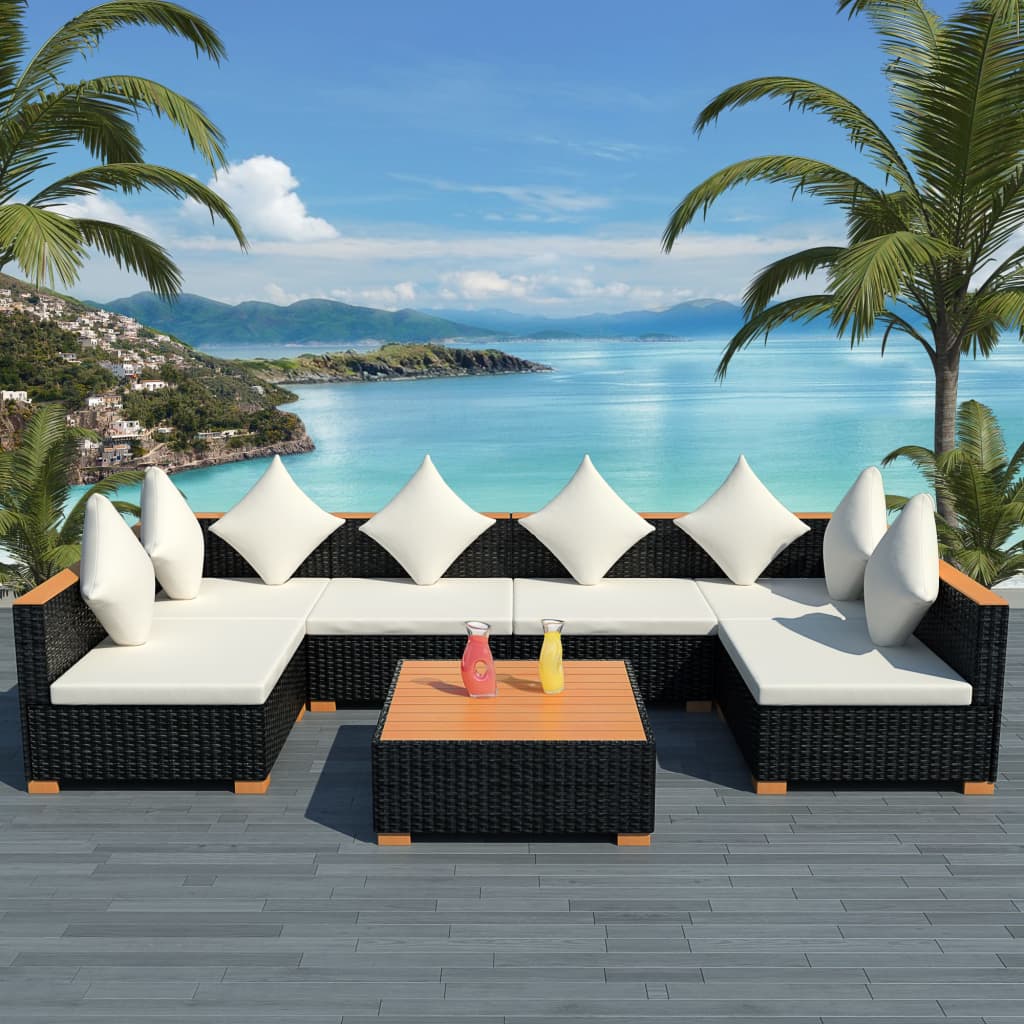 7-delige Loungeset met kussens poly rattan zwart – afbeelding 1