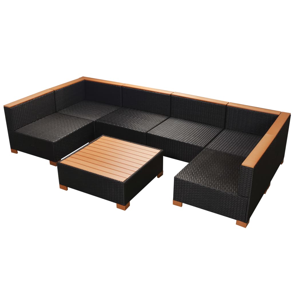 7-delige Loungeset met kussens poly rattan zwart – afbeelding 10