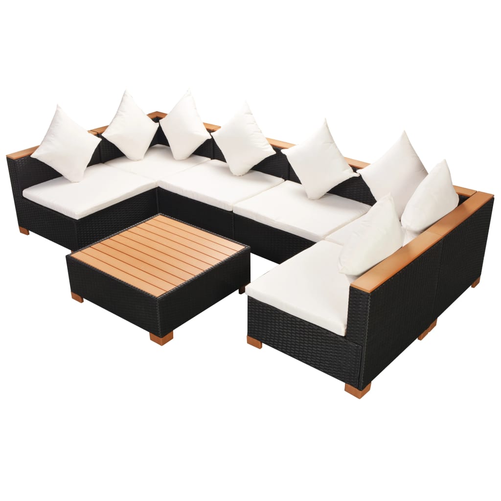 7-delige Loungeset met kussens poly rattan zwart – afbeelding 4