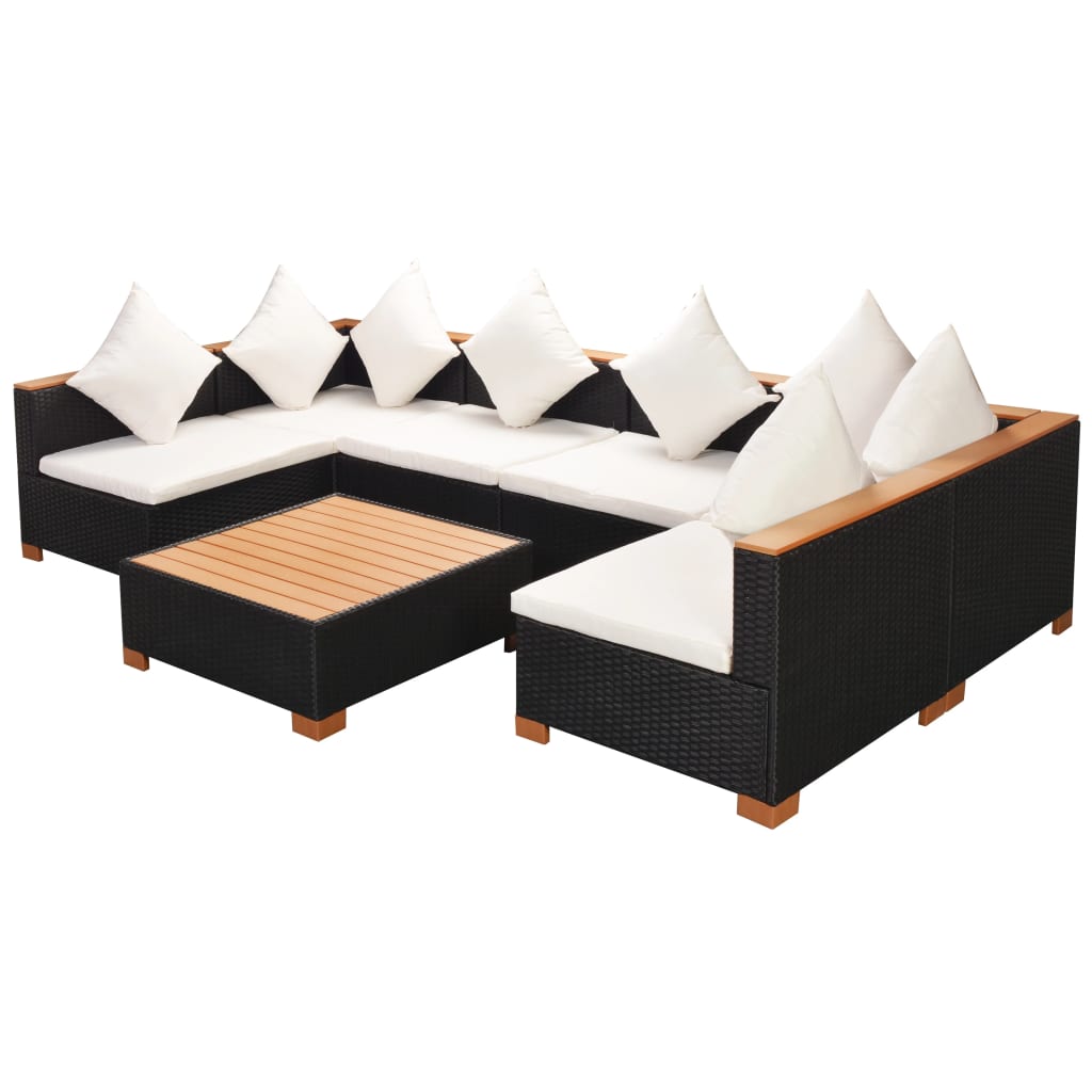 7-delige Loungeset met kussens poly rattan zwart – afbeelding 5