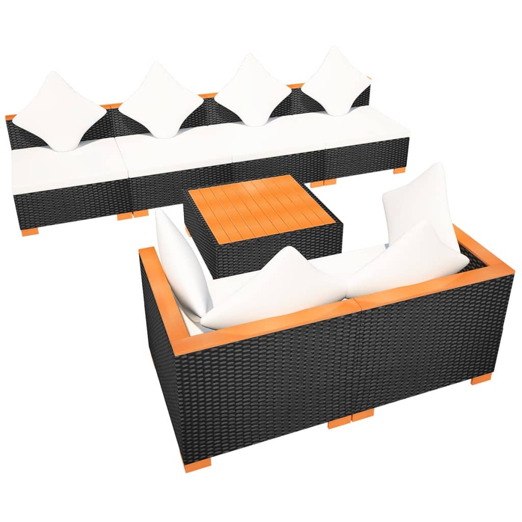 7-delige Loungeset met kussens poly rattan zwart – afbeelding 7