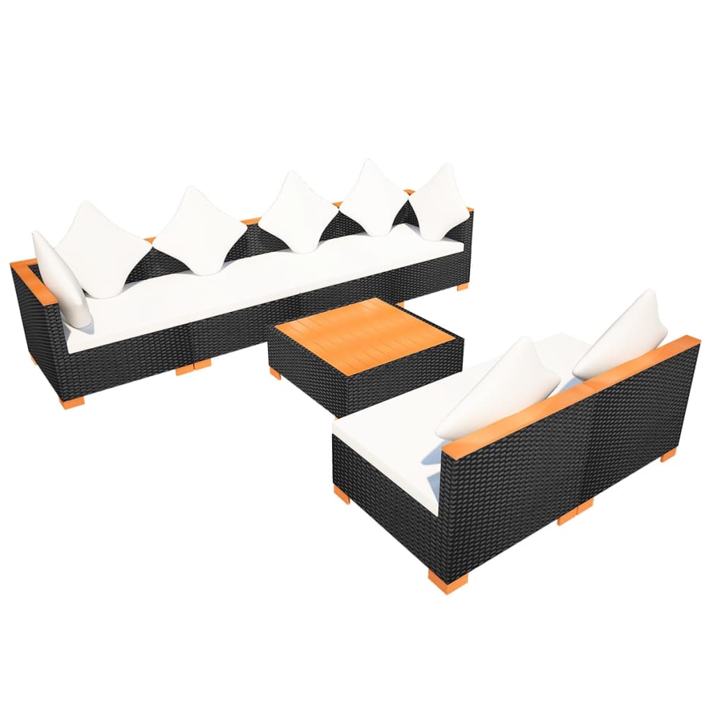7-delige Loungeset met kussens poly rattan zwart – afbeelding 9