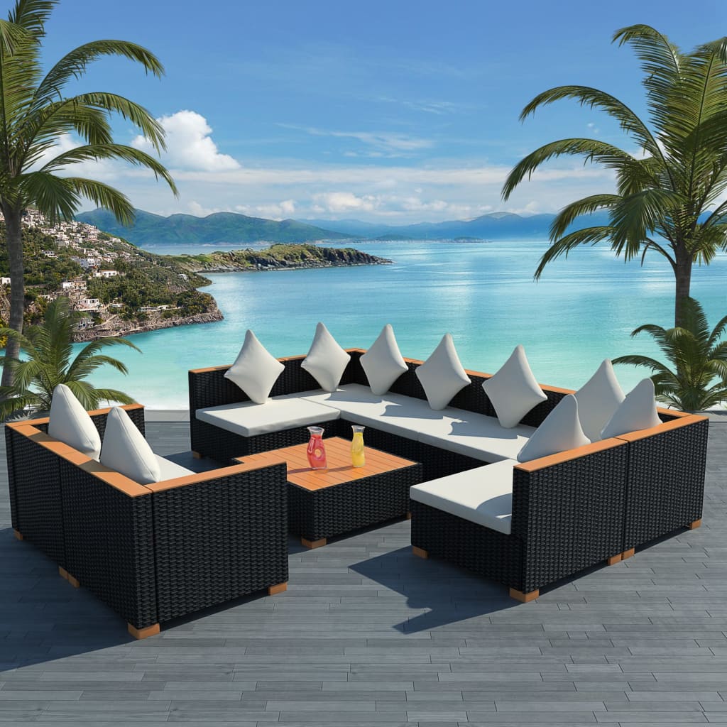 9-delige Loungeset met kussens poly rattan zwart – afbeelding 1