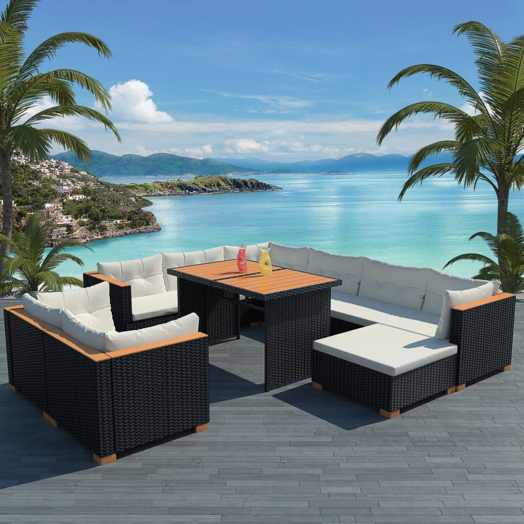 10-delige Loungeset met kussens poly rattan zwart – afbeelding 1