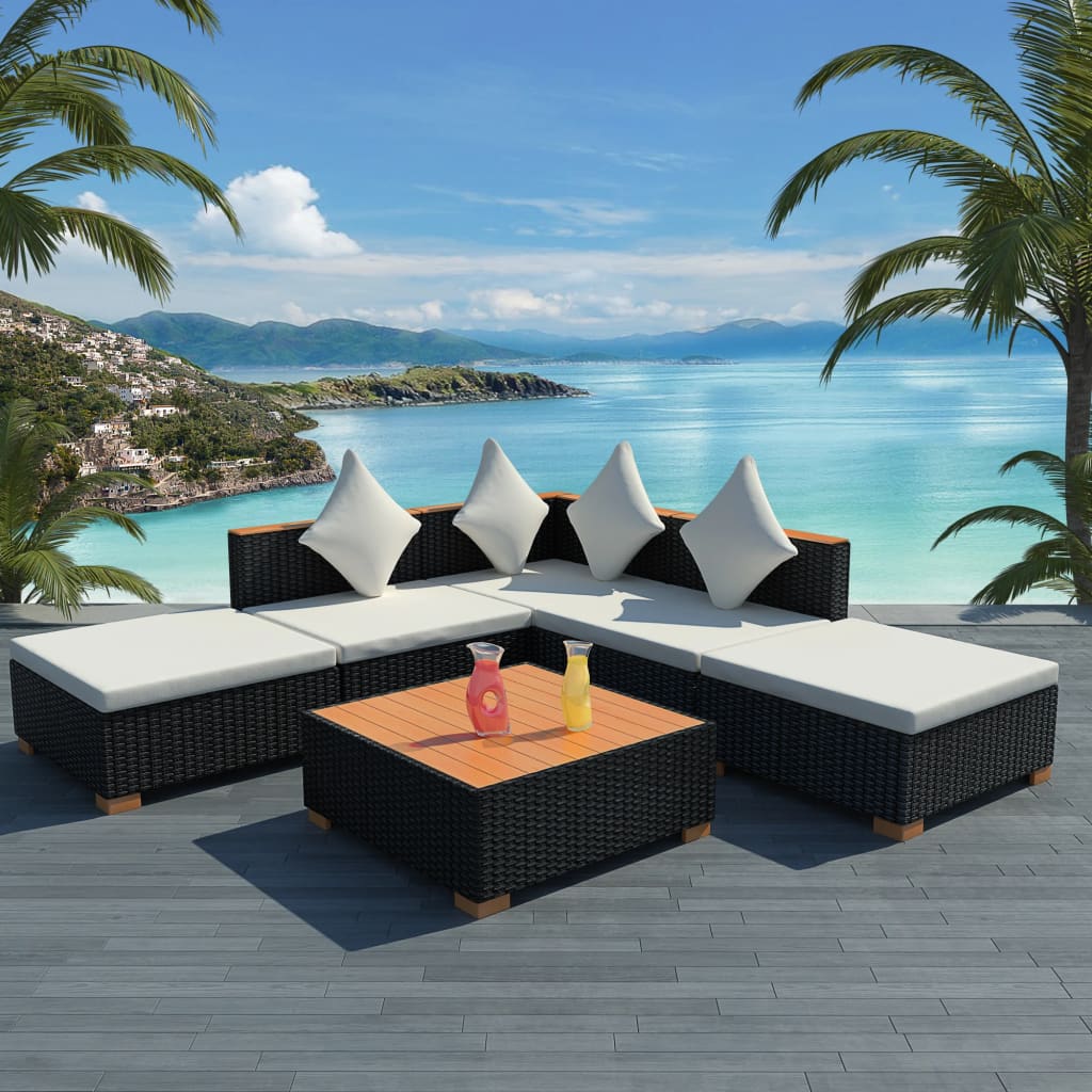 6-delige Loungeset met kussens poly rattan zwart – afbeelding 1