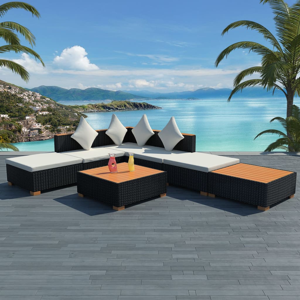 7-delige Loungeset met kussens poly rattan zwart – afbeelding 1