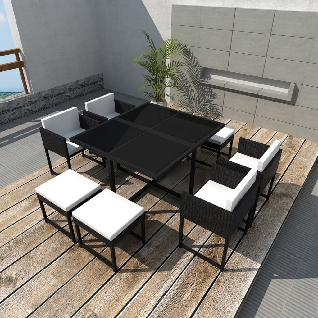 9-delige Tuinset met kussens poly rattan zwart – afbeelding 1