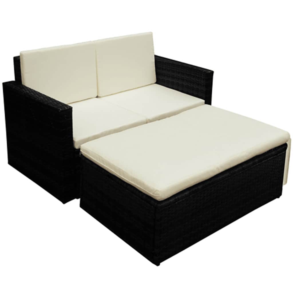 2-delige Loungeset met kussens poly rattan zwart – afbeelding 1