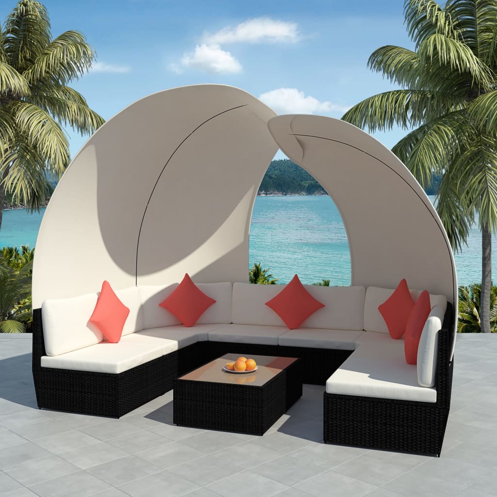9-delige Loungeset met luifels poly rattan zwart – afbeelding 1