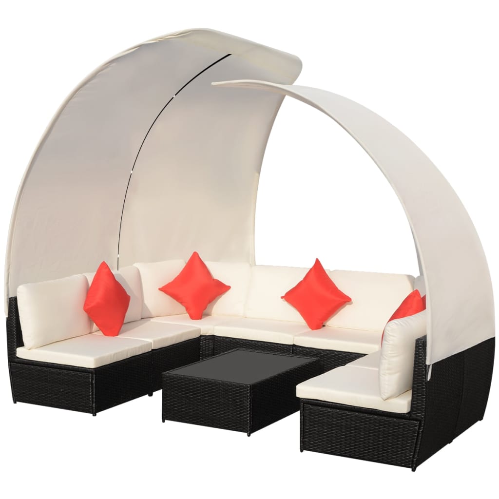 9-delige Loungeset met luifels poly rattan zwart – afbeelding 2