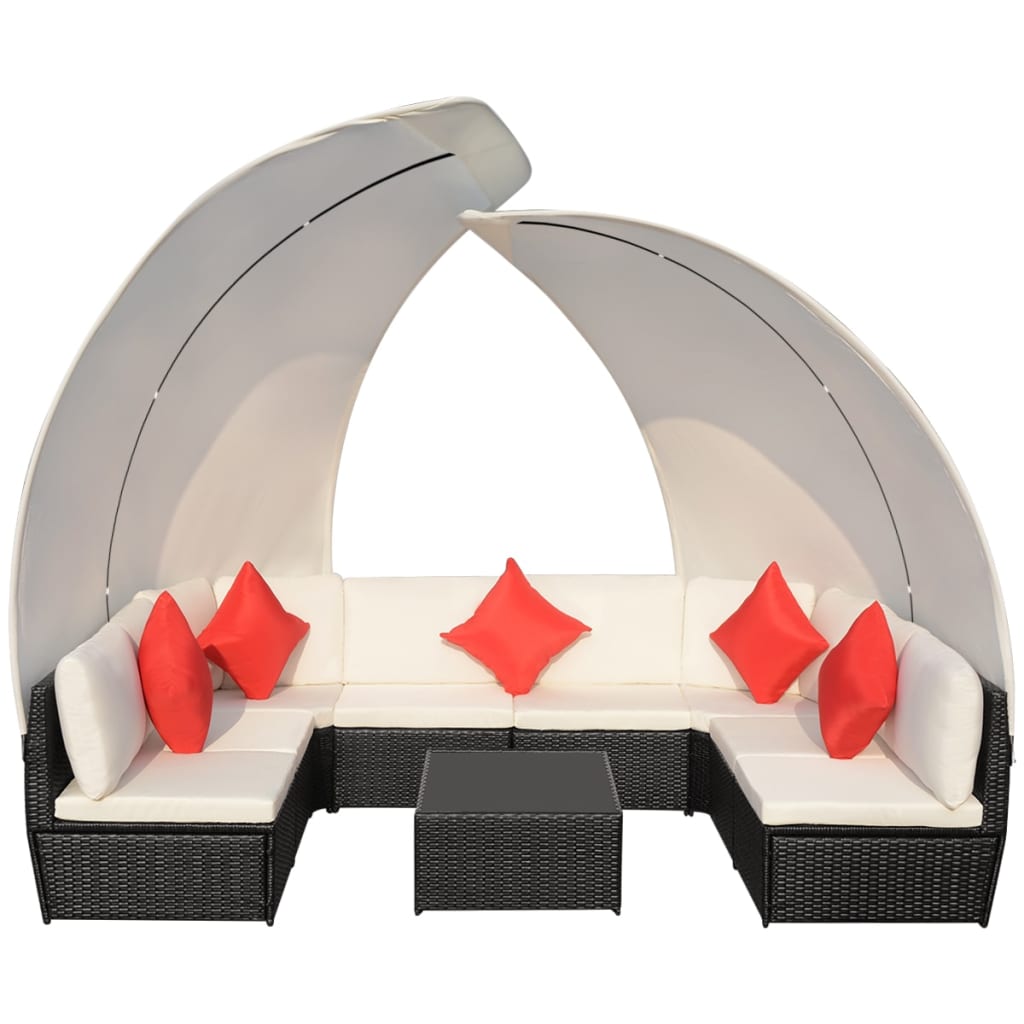 9-delige Loungeset met luifels poly rattan zwart – afbeelding 3