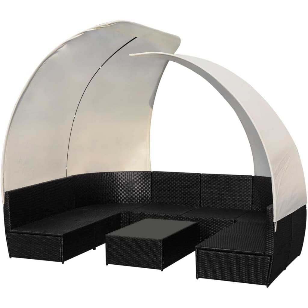 9-delige Loungeset met luifels poly rattan zwart – afbeelding 4