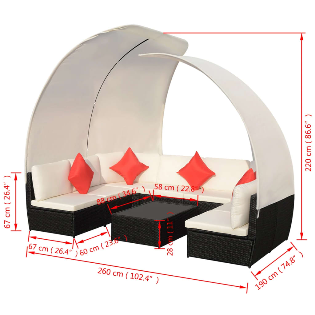 9-delige Loungeset met luifels poly rattan zwart – afbeelding 6