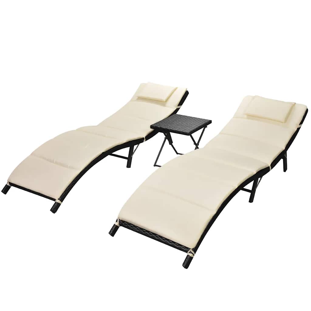Ligbedden inklapbaar 2 st met tafel poly rattan zwart