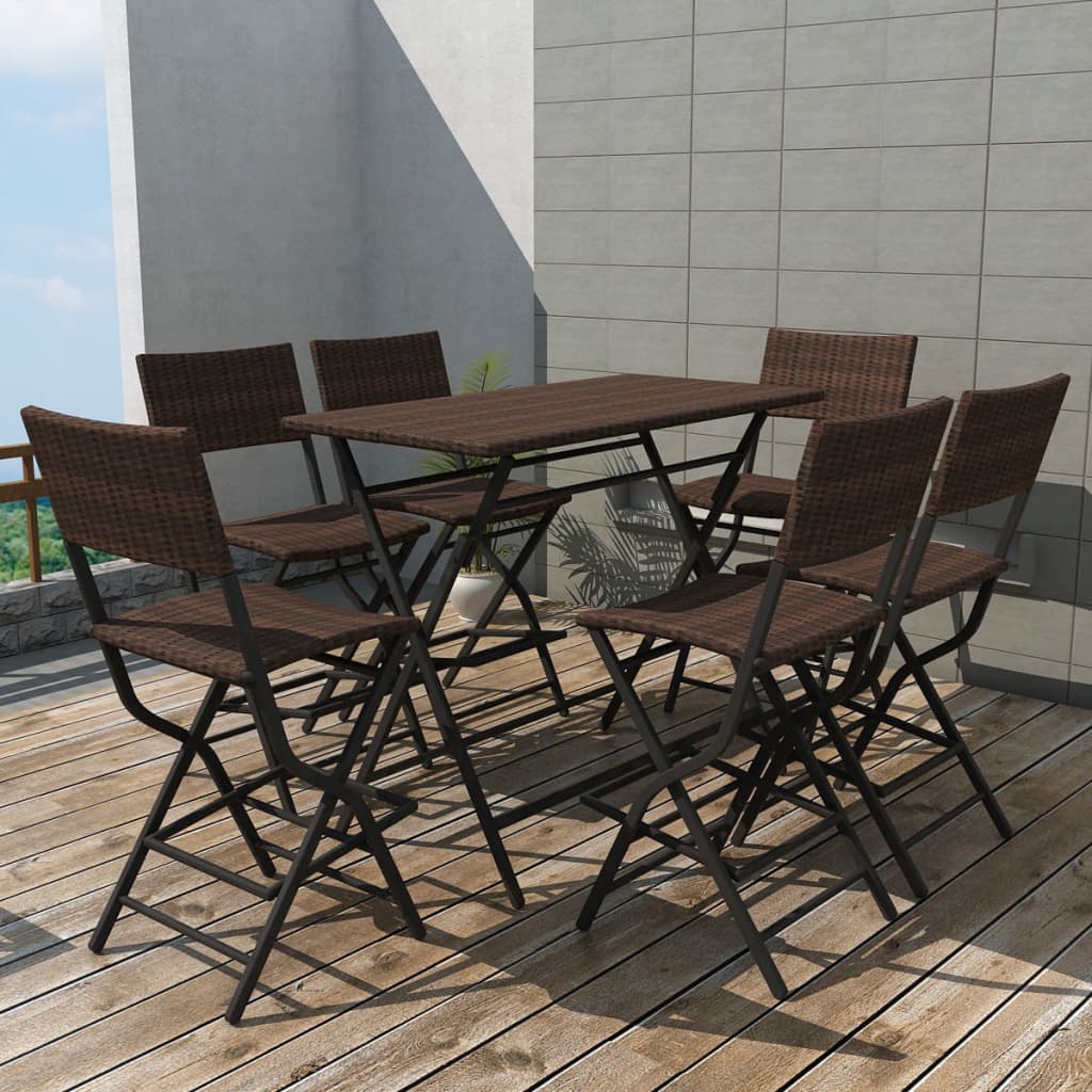 7-delige Tuinset inklapbaar staal poly rattan bruin – afbeelding 1