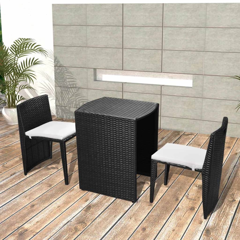 3-delige Bistroset met kussens poly rattan zwart – afbeelding 1