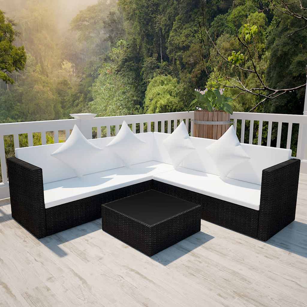 4-delige Loungeset met kussens poly rattan zwart – afbeelding 1