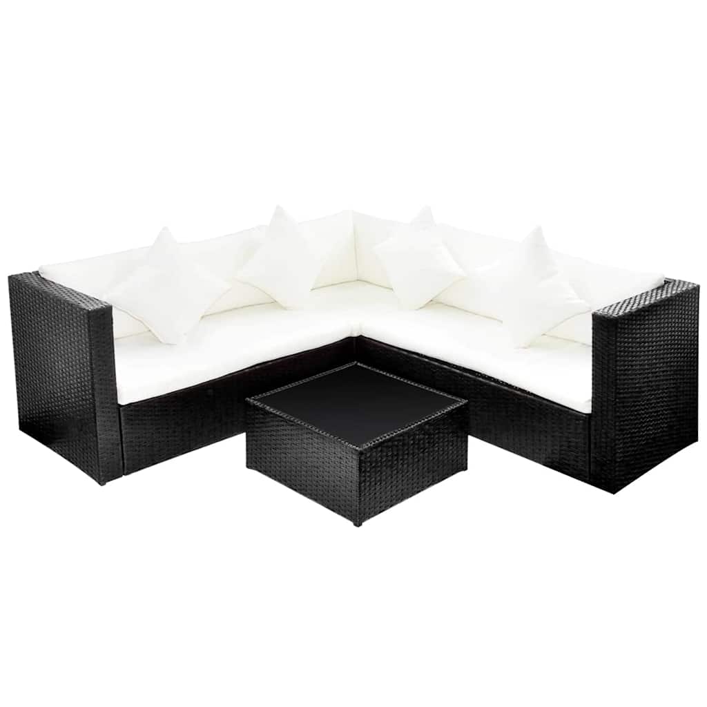 4-delige Loungeset met kussens poly rattan zwart – afbeelding 2