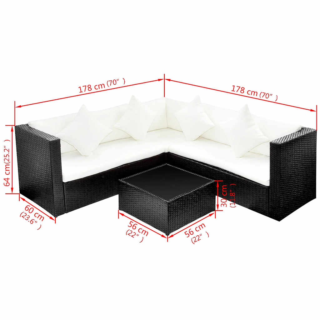 4-delige Loungeset met kussens poly rattan zwart – afbeelding 4