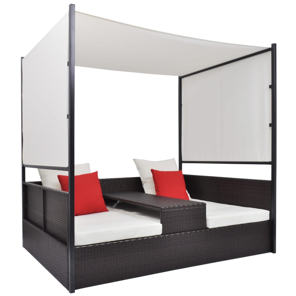 Tuinbed met luifel 190x130 cm poly rattan bruin – afbeelding 1