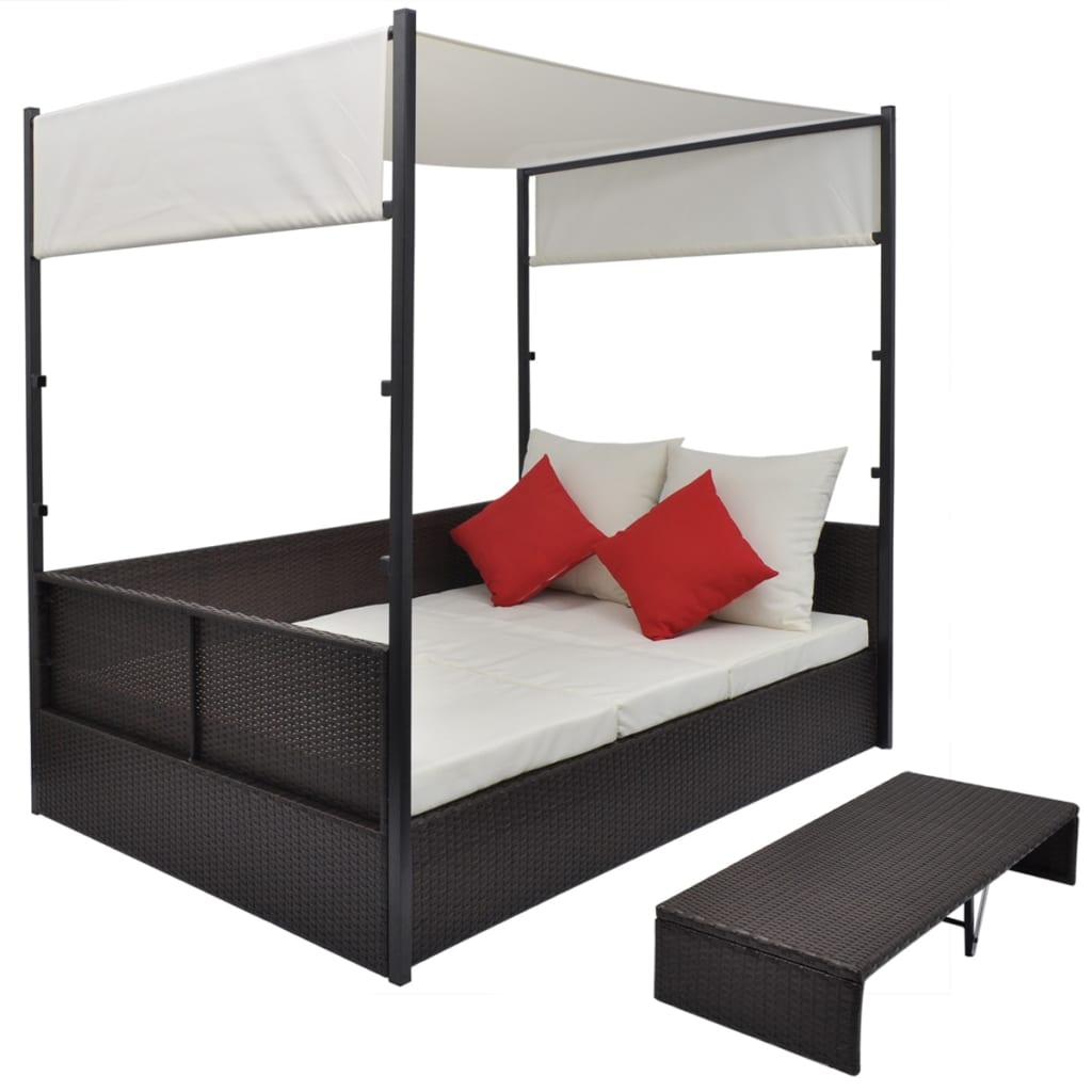Tuinbed met luifel 190x130 cm poly rattan bruin – afbeelding 2