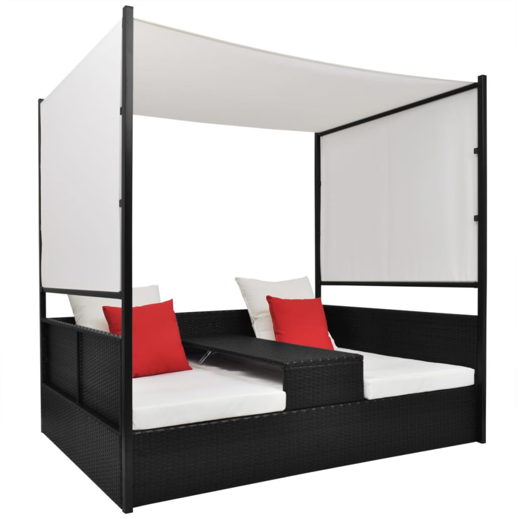Tuinbed met luifel 190x130 cm poly rattan zwart – afbeelding 1