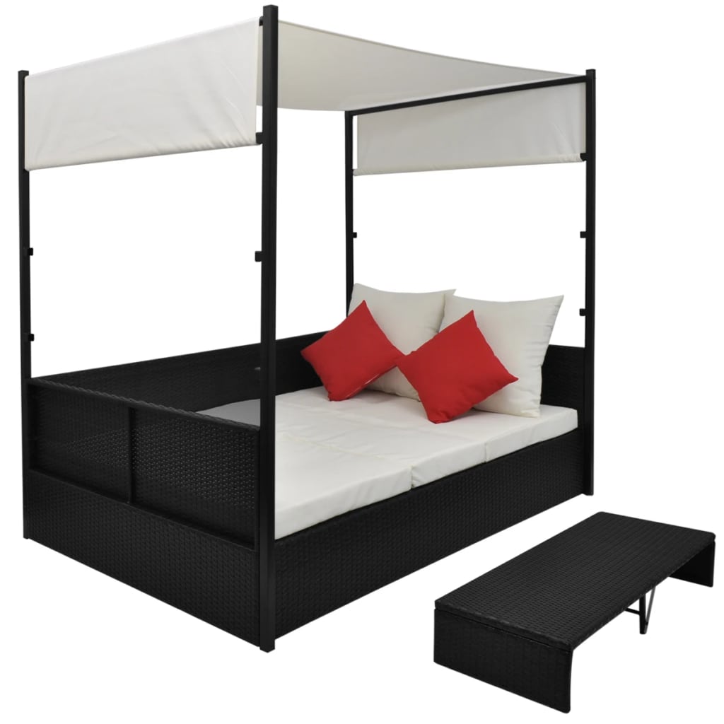 Tuinbed met luifel 190x130 cm poly rattan zwart – afbeelding 2