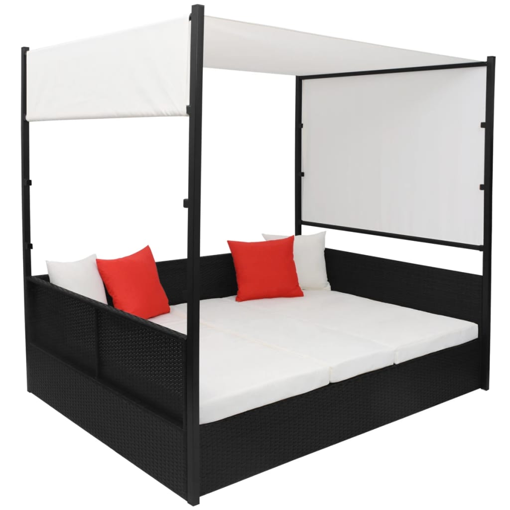 Tuinbed met luifel 190x130 cm poly rattan zwart – afbeelding 3