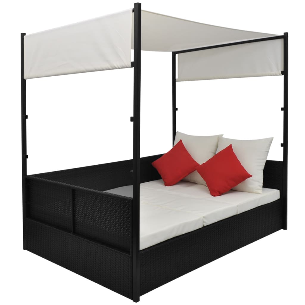 Tuinbed met luifel 190x130 cm poly rattan zwart – afbeelding 4